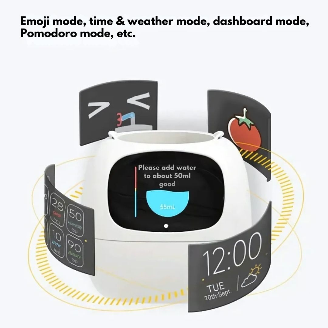 "Interactive AI Plant Pot with sleek design, smart care features, and over 70 visual expressions, perfect for tech-savvy plan