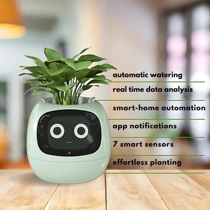 "Interactive AI Plant Pot with sleek design, smart care features, and over 70 visual expressions, perfect for tech-savvy plan