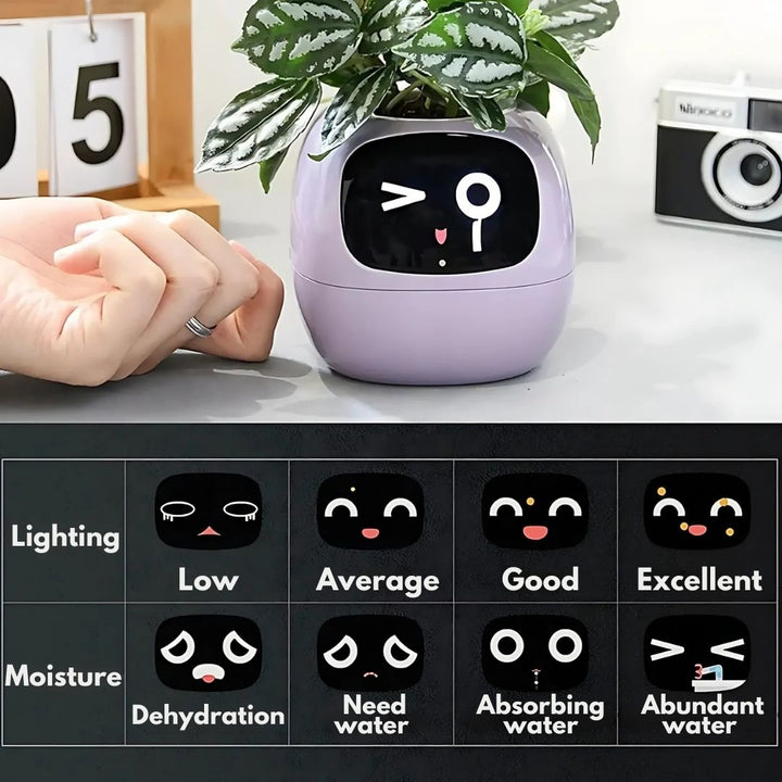 "Interactive AI Plant Pot with sleek design, smart care features, and over 70 visual expressions, perfect for tech-savvy plan