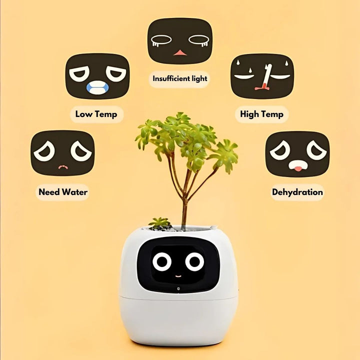 "Interactive AI Plant Pot with sleek design, smart care features, and over 70 visual expressions, perfect for tech-savvy plan