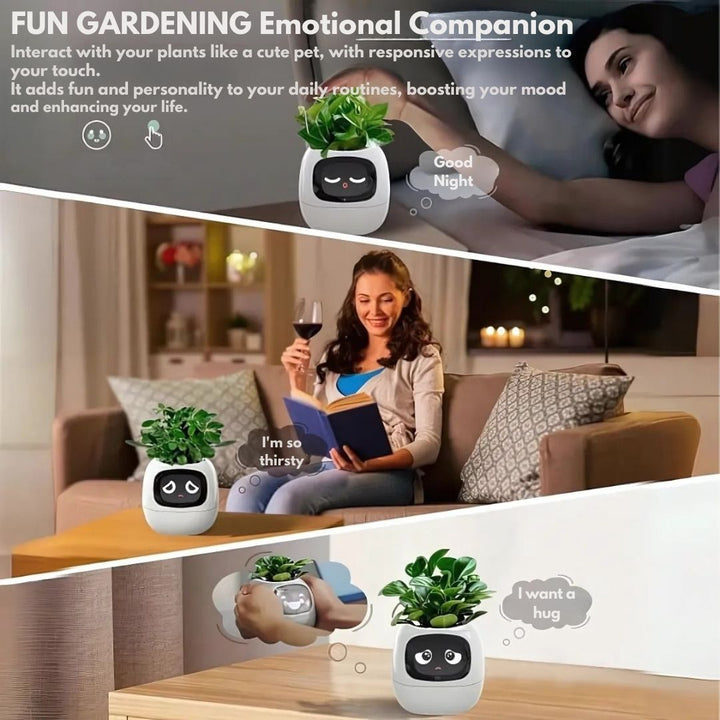 "Interactive AI Plant Pot with sleek design, smart care features, and over 70 visual expressions, perfect for tech-savvy plan