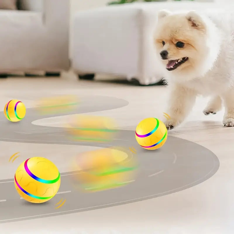 "Interactive ball toy for dogs and cats with bright colors, automatic rolling, keeping pets active and entertained."