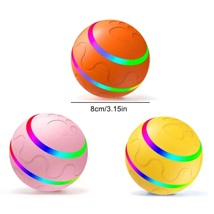 "Interactive ball toy for dogs and cats with bright colors, automatic rolling, keeping pets active and entertained."