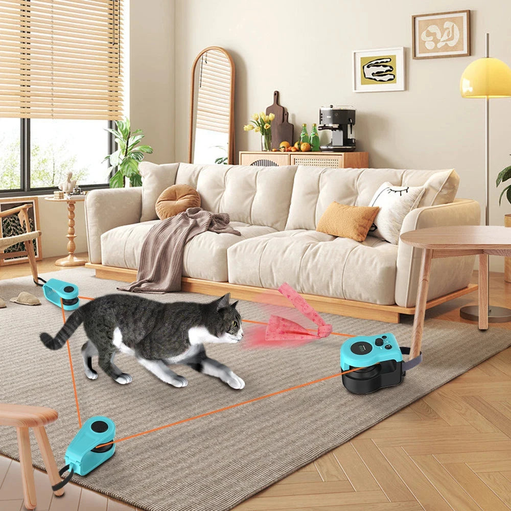 "Interactive cat hunting toy in blue, USB-powered with motion-based exercise, promotes mental stimulation and physical activi
