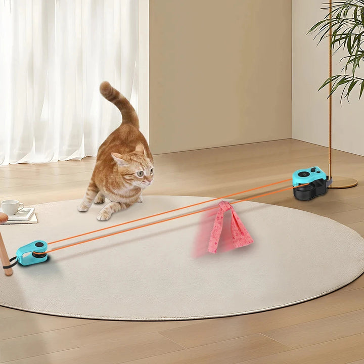 "Interactive cat hunting toy in blue, USB-powered with motion-based exercise, promotes mental stimulation and physical activi