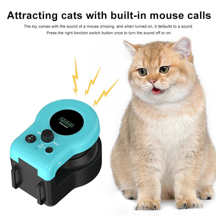 "Interactive cat hunting toy in blue, USB-powered with motion-based exercise, promotes mental stimulation and physical activi