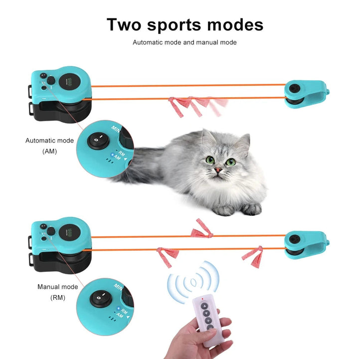"Interactive cat hunting toy in blue, USB-powered with motion-based exercise, promotes mental stimulation and physical activi