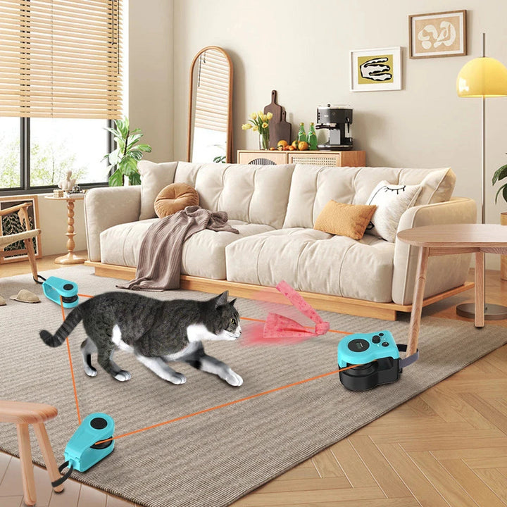 "Interactive cat hunting toy in blue, USB-powered with motion-based exercise, promotes mental stimulation and physical activi