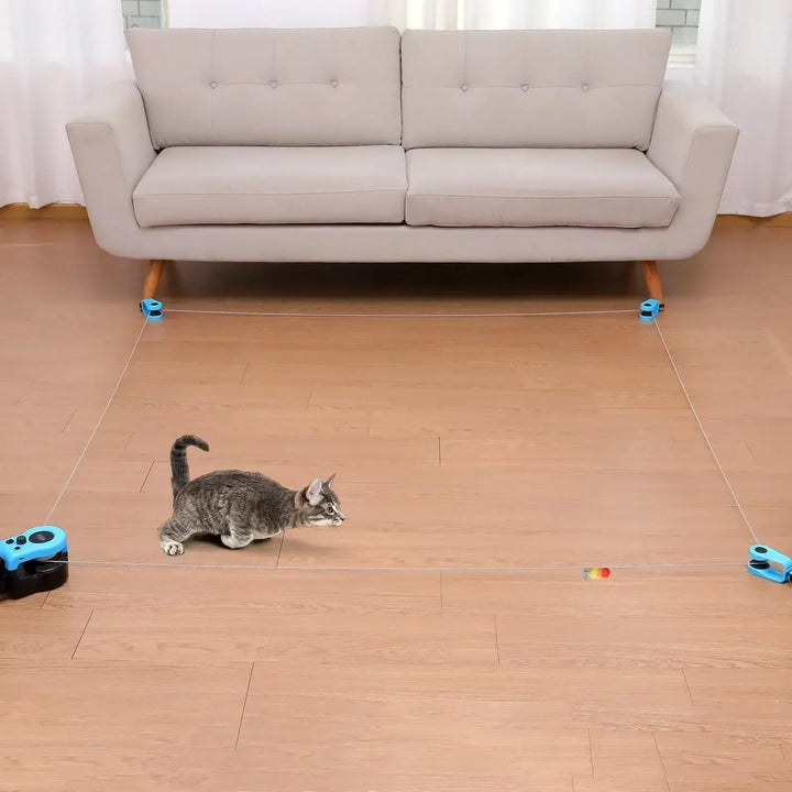 "Interactive cat hunting toy in blue, USB-powered with motion-based exercise, promotes mental stimulation and physical activi