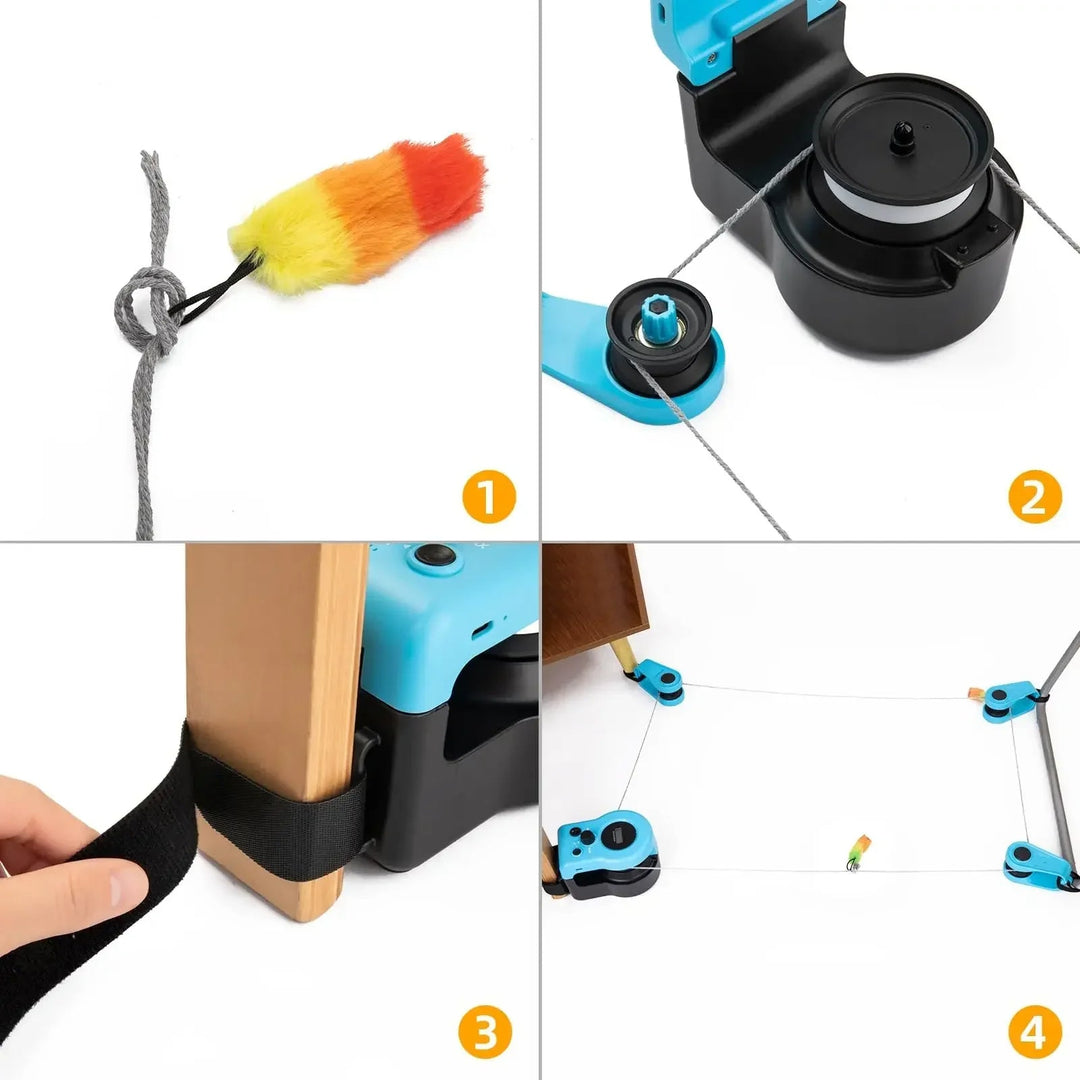 "Interactive cat hunting toy in blue, USB-powered with motion-based exercise, promotes mental stimulation and physical activi