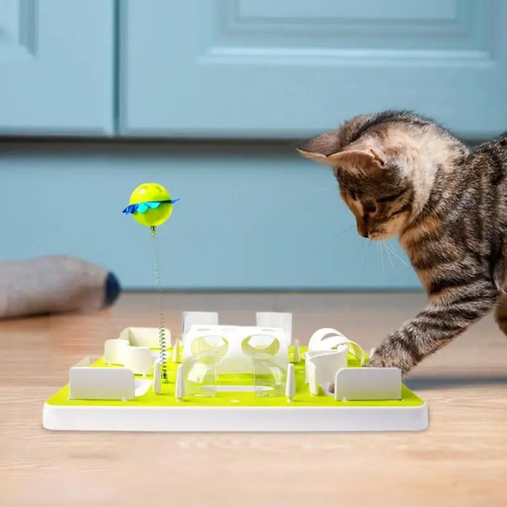 "Interactive cat puzzle feeder with adjustable challenge, featuring colorful maze pieces for engaging and stimulating playtim