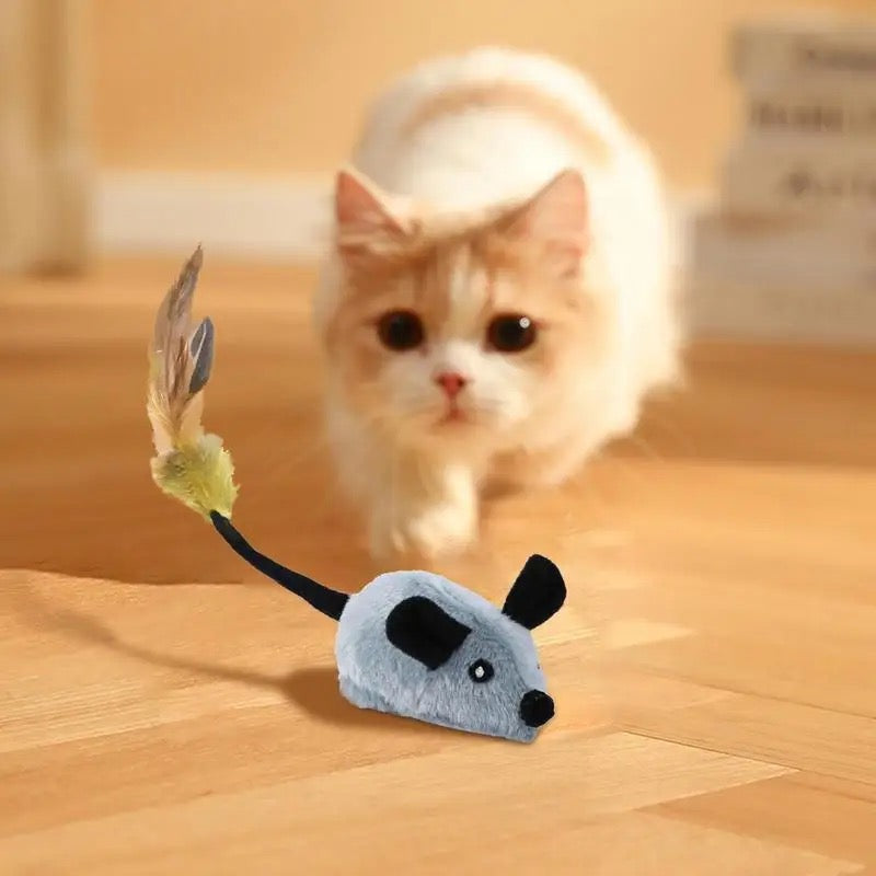 "Interactive cat toy mimics erratic mouse movements, brown and gray durable design for active feline play and exercise."