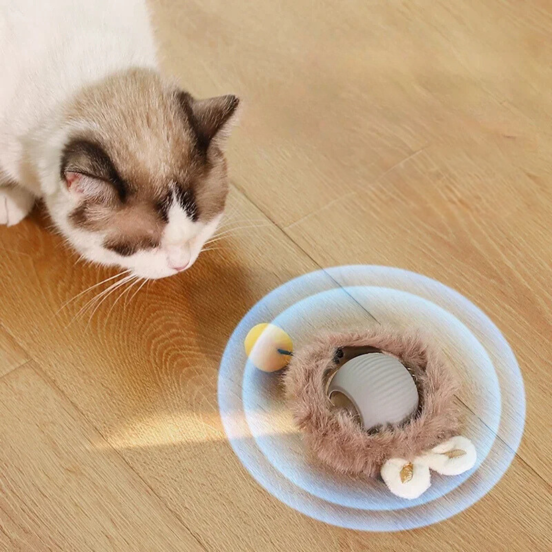 "Interactive cat toy, rolling ball with plush tail, vibrant color options for engaging feline play and exercise."