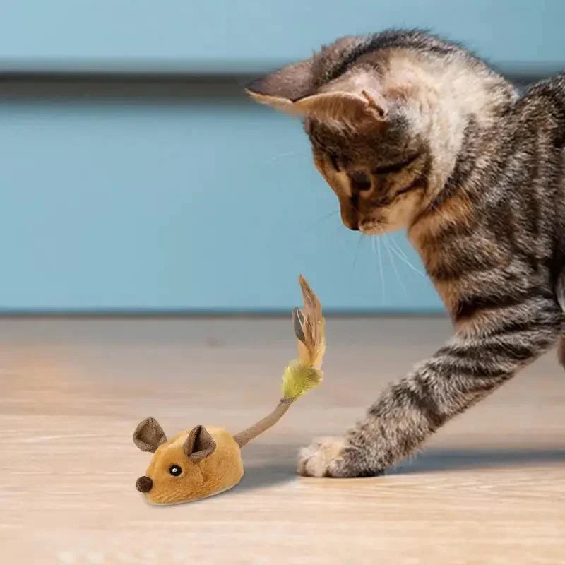 Interactive cat toy with plush mouse and feather tuft, designed for engaging play and sparking your cat's hunting instincts.
