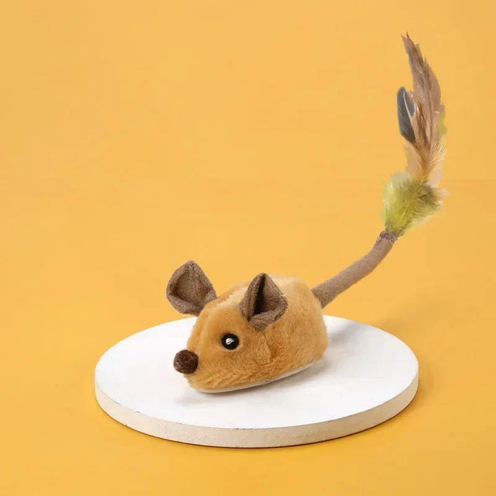 Interactive cat toy with plush mouse and feather tuft, designed for engaging play and sparking your cat's hunting instincts.