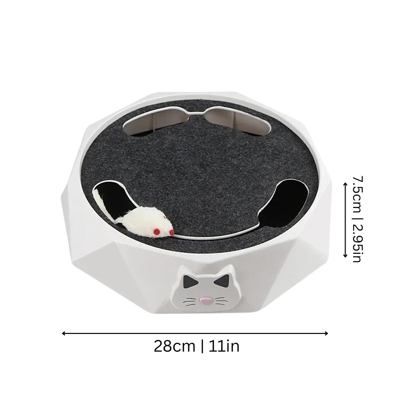 "Interactive cat toy with scratch pad, cozy lounge, and moving mouse for play. Durable, non-slip base ensures stability."