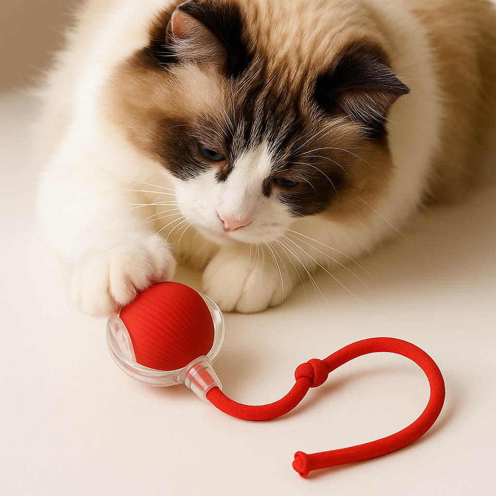 "Interactive cat toy with smooth curves, bright primary colors, USB-C port for charging, enhancing indoor cat play."