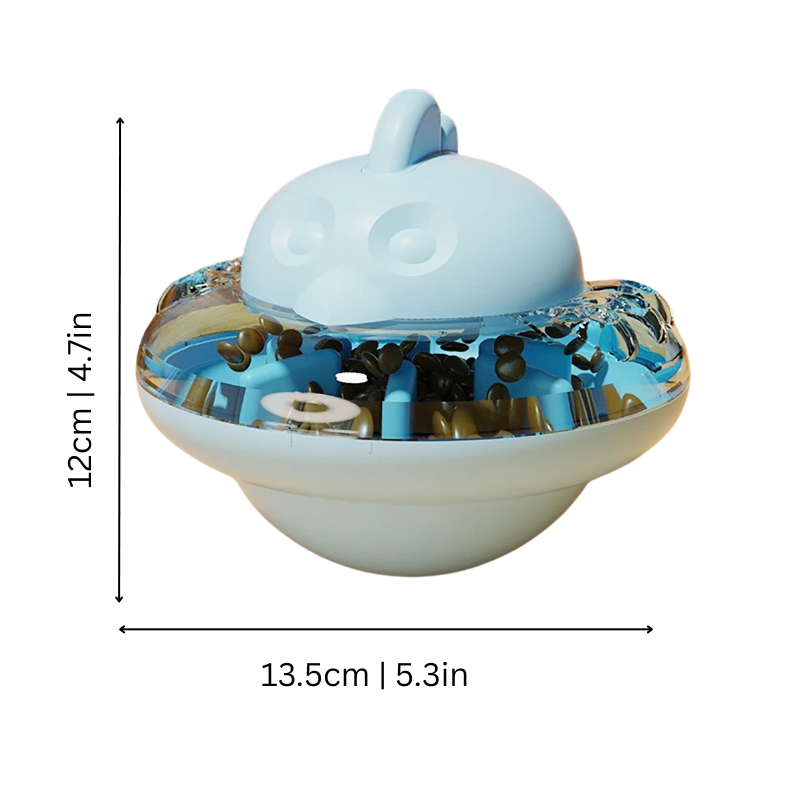 Interactive cat treat dispenser in blue, durable non-tip design, engages cats with play, suitable for pet supplies enthusiast
