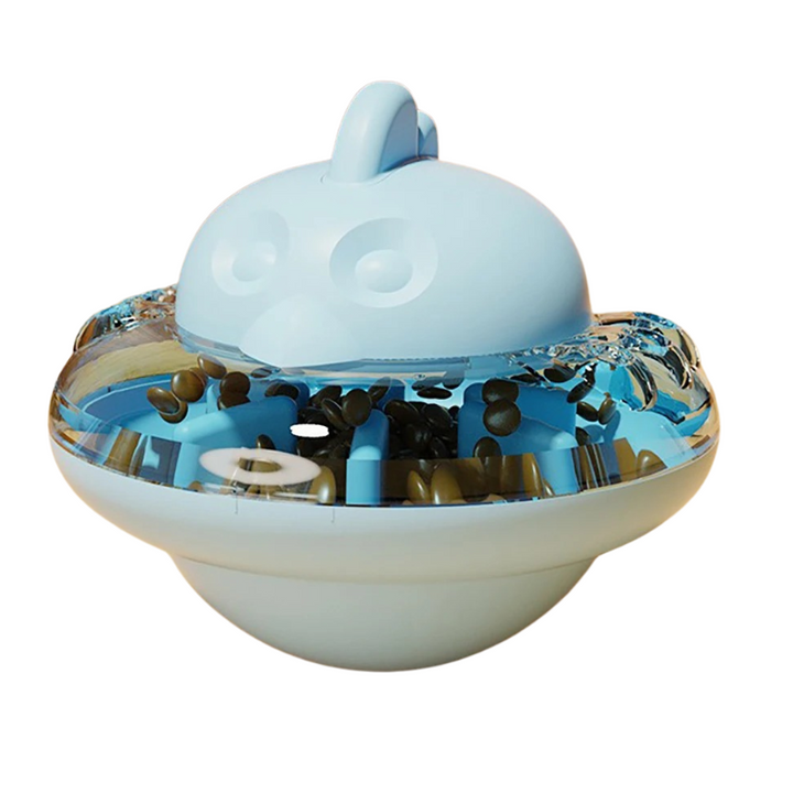 Interactive cat treat dispenser in blue, durable non-tip design, engages cats with play, suitable for pet supplies enthusiast