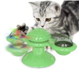 "Interactive cat windmill toy with vibrant colors, rotating design, and scratching surface for playful and dental health bene