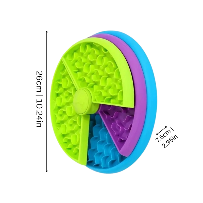 "Interactive dog feeder with rotating levels, featuring colorful sections and sturdy design to aid in slower, mindful eating.
