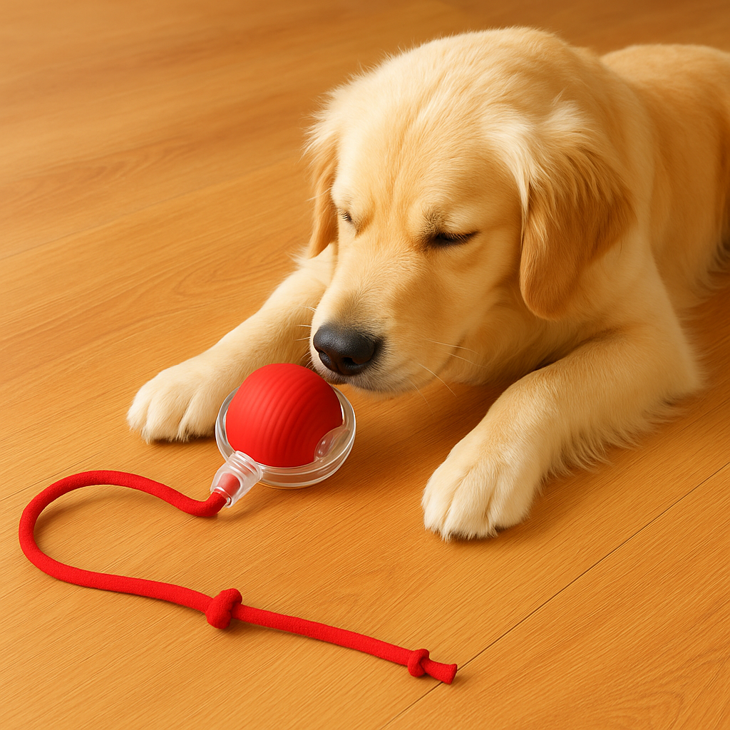 Interactive dog toy with USB-C charging, mimics critter movements, durable ABS. Available in red, grey, and green colors.