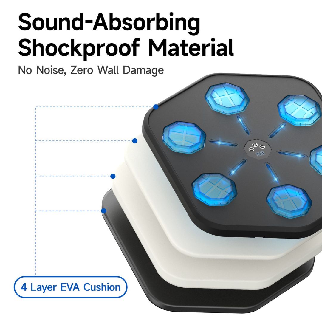 "Interactive music boxing machine for fitness, featuring colorful sensors, sleek design, suitable for adults and kids."