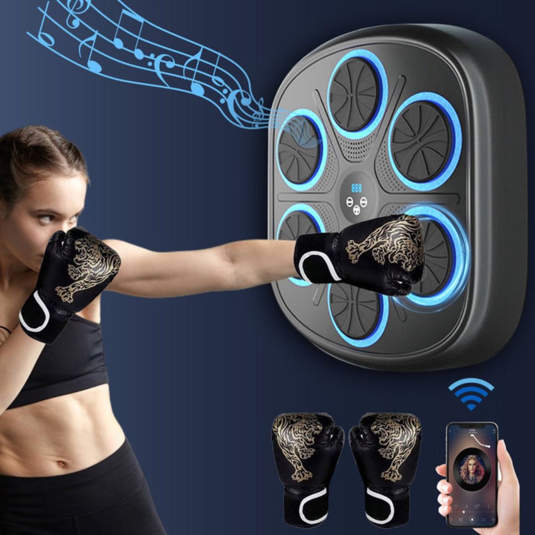"Interactive music boxing machine for fitness, featuring colorful sensors, sleek design, suitable for adults and kids."