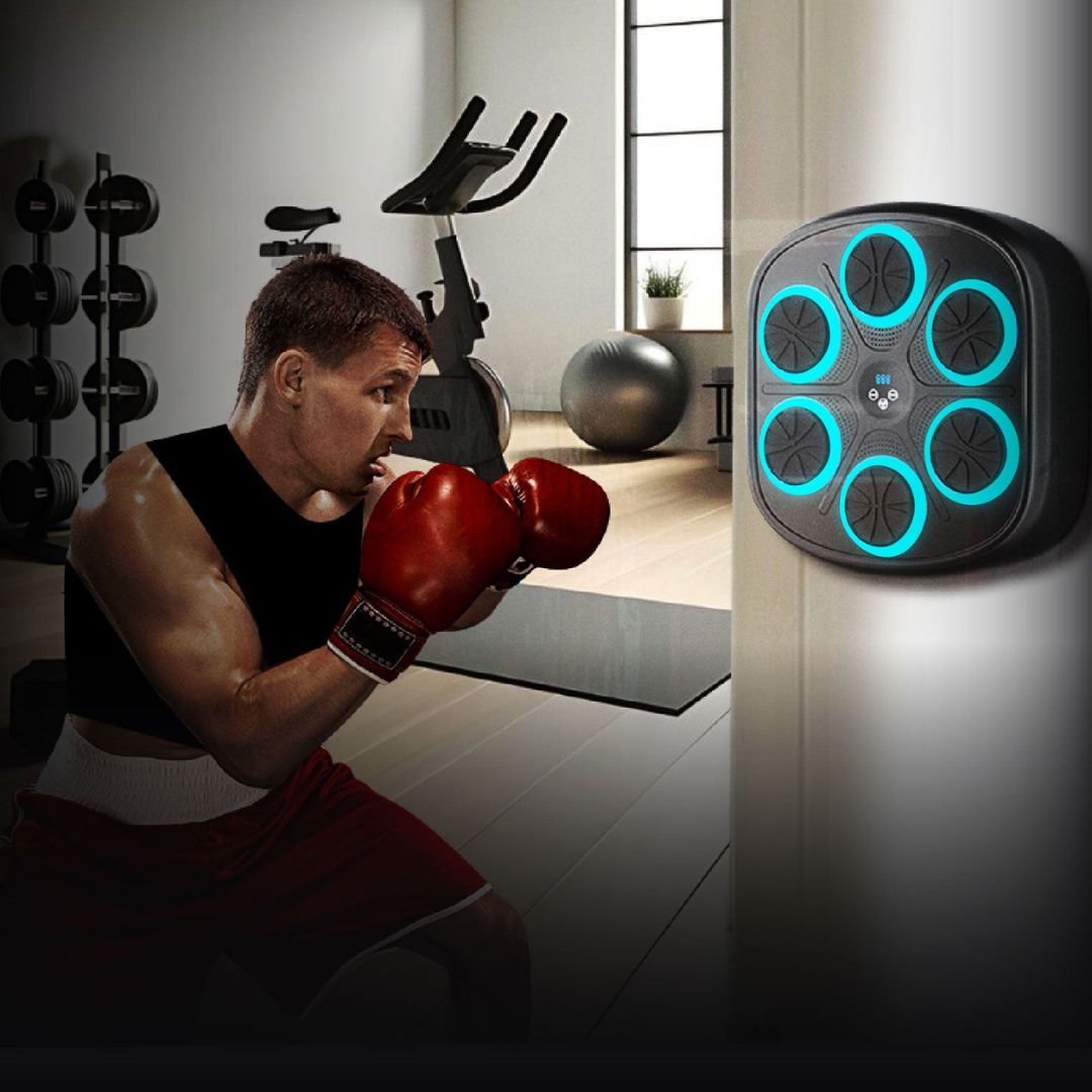 "Interactive music boxing machine for fitness, featuring colorful sensors, sleek design, suitable for adults and kids."