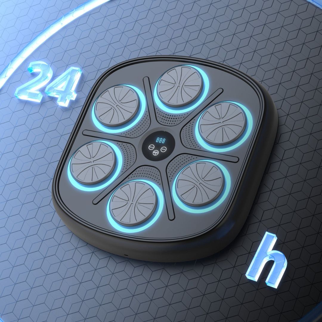 "Interactive music boxing machine for fitness, featuring colorful sensors, sleek design, suitable for adults and kids."