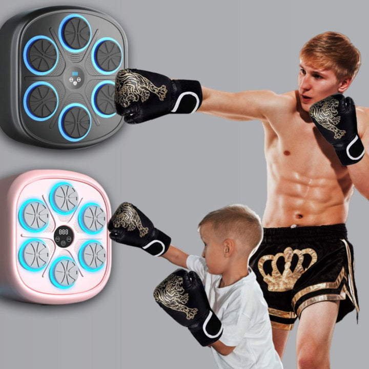 "Interactive music boxing machine for fitness, featuring colorful sensors, sleek design, suitable for adults and kids."