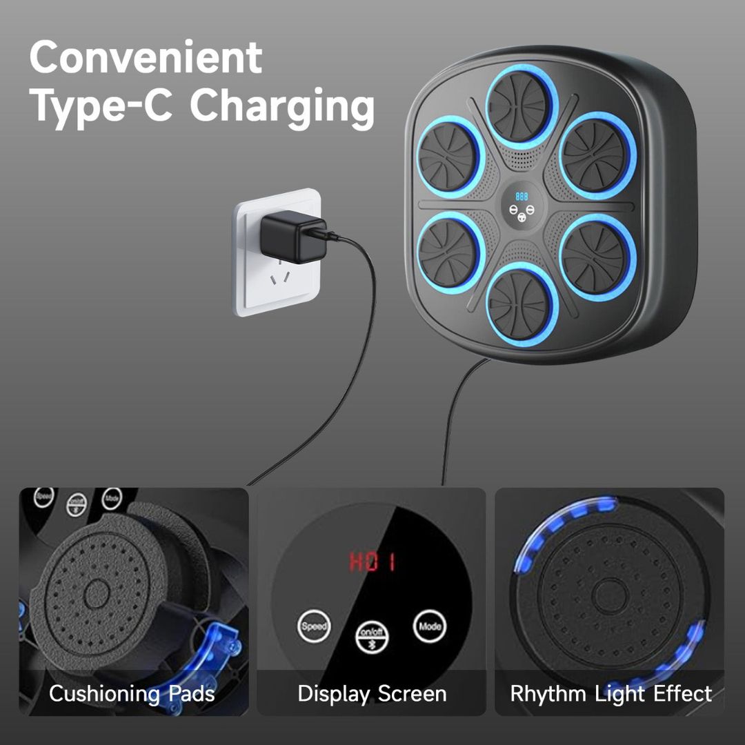 "Interactive music boxing machine for fitness, featuring colorful sensors, sleek design, suitable for adults and kids."