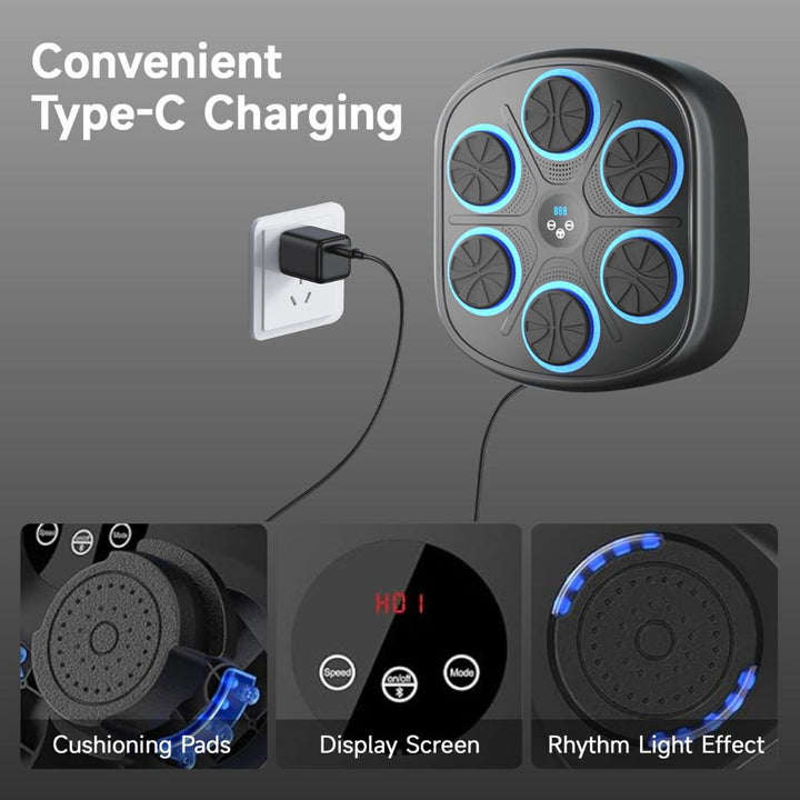 "Interactive music boxing machine for fitness, featuring colorful sensors, sleek design, suitable for adults and kids."