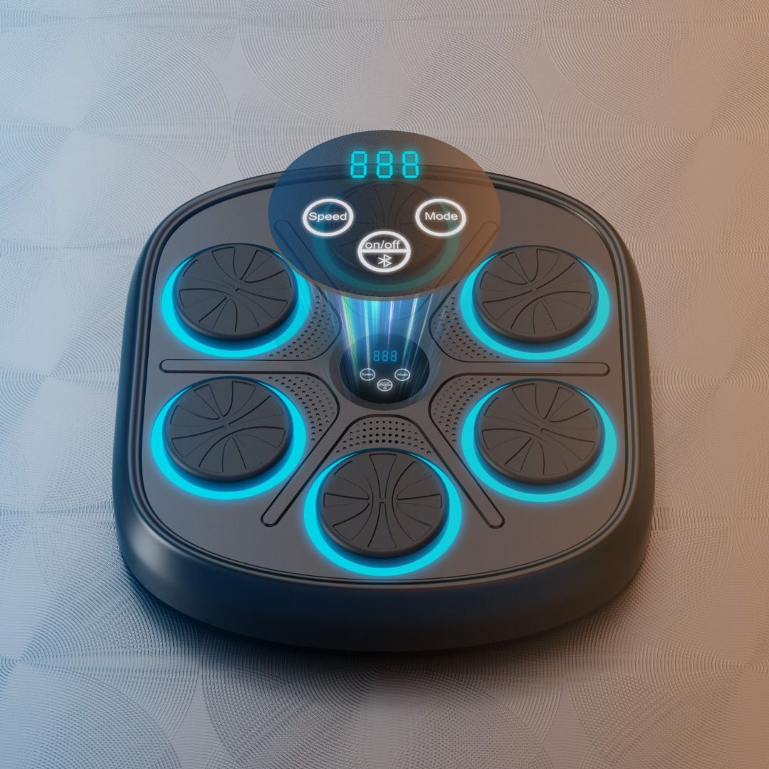 "Interactive music boxing machine for fitness, featuring colorful sensors, sleek design, suitable for adults and kids."