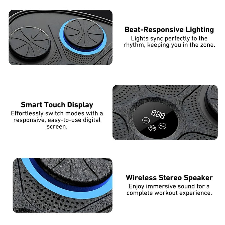 "Interactive music boxing trainer with digital display and smartphone connectivity, front view in a home gym setting."