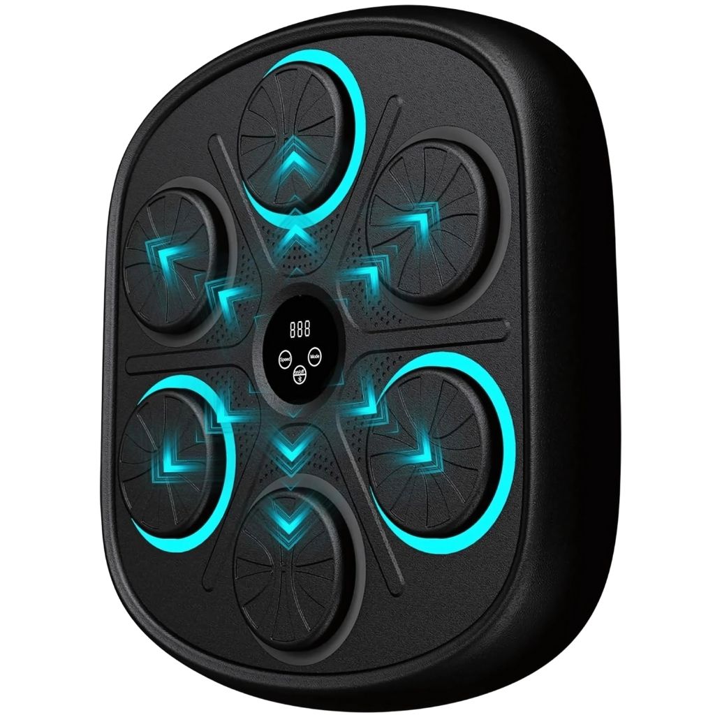 "Interactive music boxing trainer with digital display and smartphone connectivity, front view in a home gym setting."