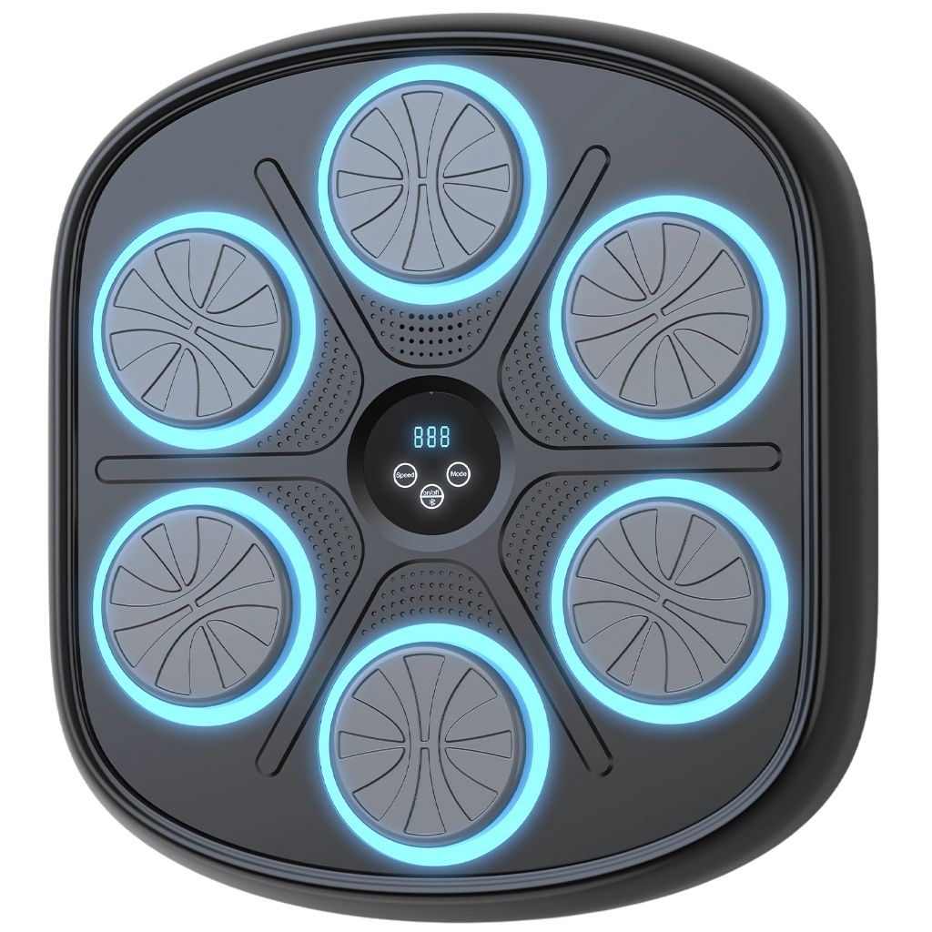 "Interactive music boxing trainer with digital display and smartphone connectivity, front view in a home gym setting."