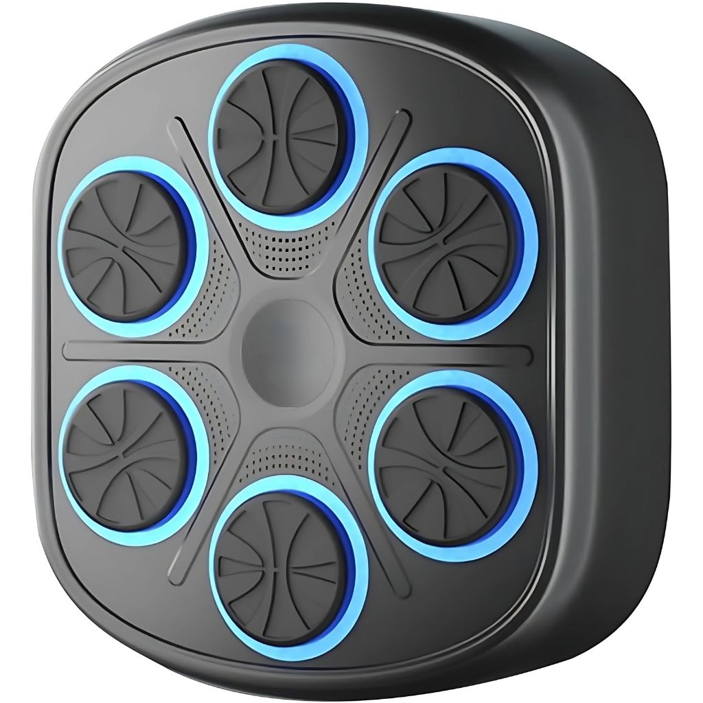 "Interactive music boxing trainer with digital display and smartphone connectivity, front view in a home gym setting."