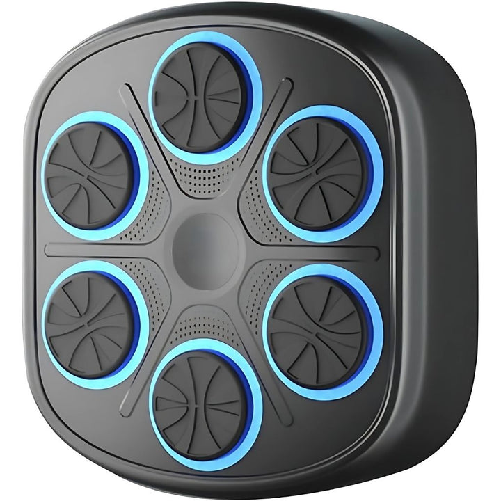 "Interactive music boxing trainer with digital display and smartphone connectivity, front view in a home gym setting."