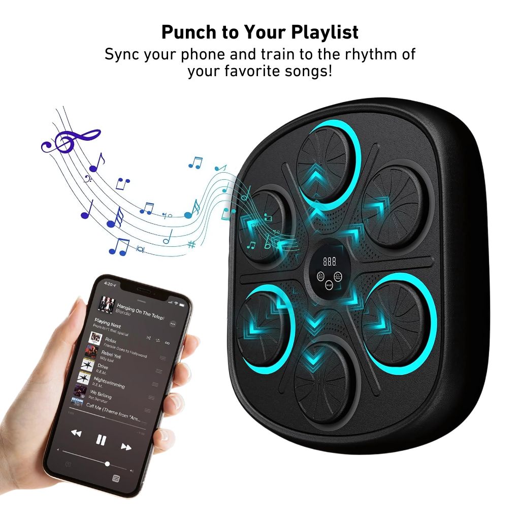 "Interactive music boxing trainer with digital display and smartphone connectivity, front view in a home gym setting."