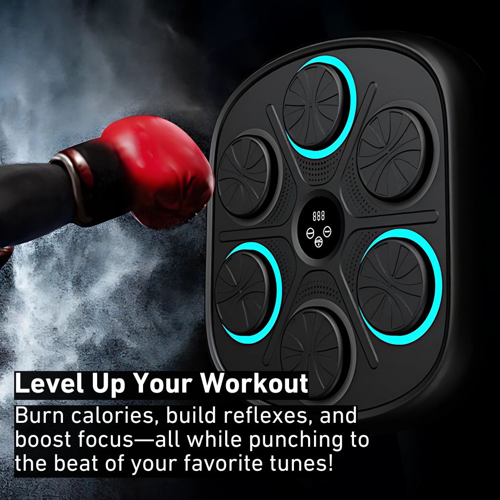 "Interactive music boxing trainer with digital display and smartphone connectivity, front view in a home gym setting."
