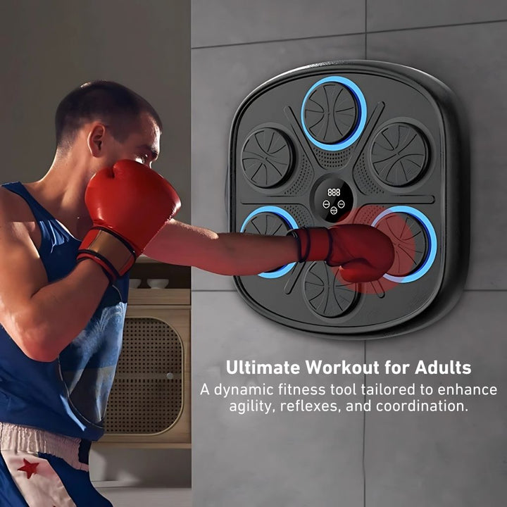 "Interactive music boxing trainer with digital display and smartphone connectivity, front view in a home gym setting."