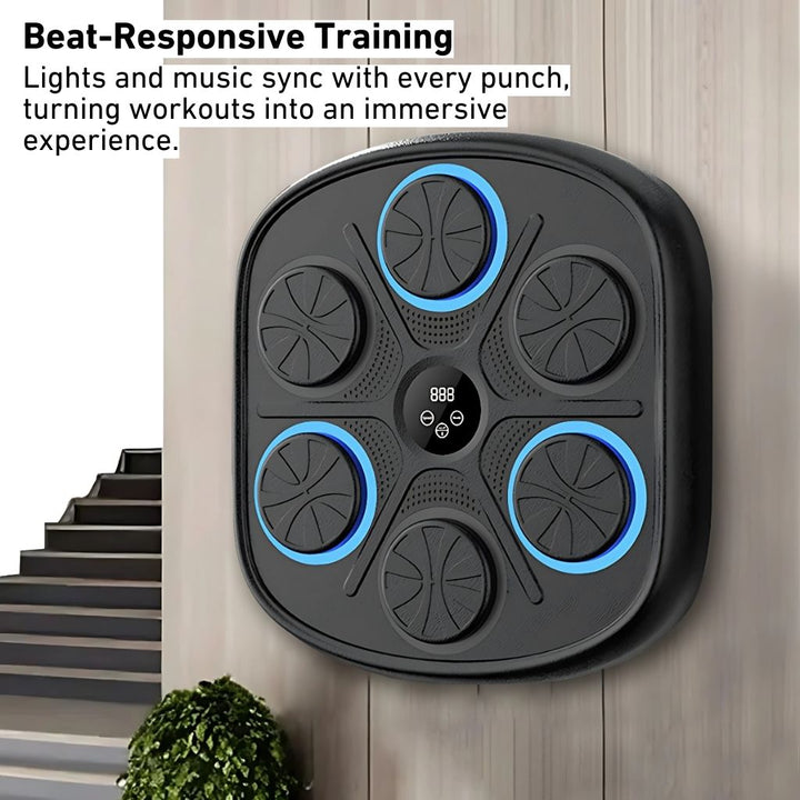 "Interactive music boxing trainer with digital display and smartphone connectivity, front view in a home gym setting."