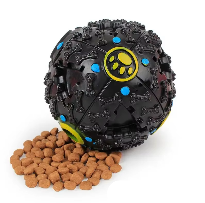 "Interactive squeaky ball with treat function for dogs, shown in various vibrant colors and sizes, durable pet toy."