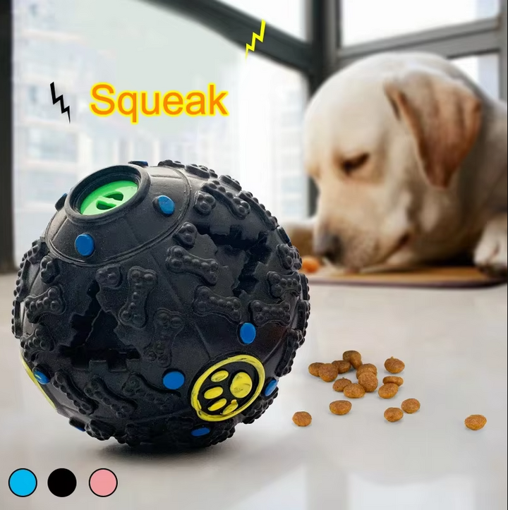 "Interactive squeaky ball with treat function for dogs, shown in various vibrant colors and sizes, durable pet toy."