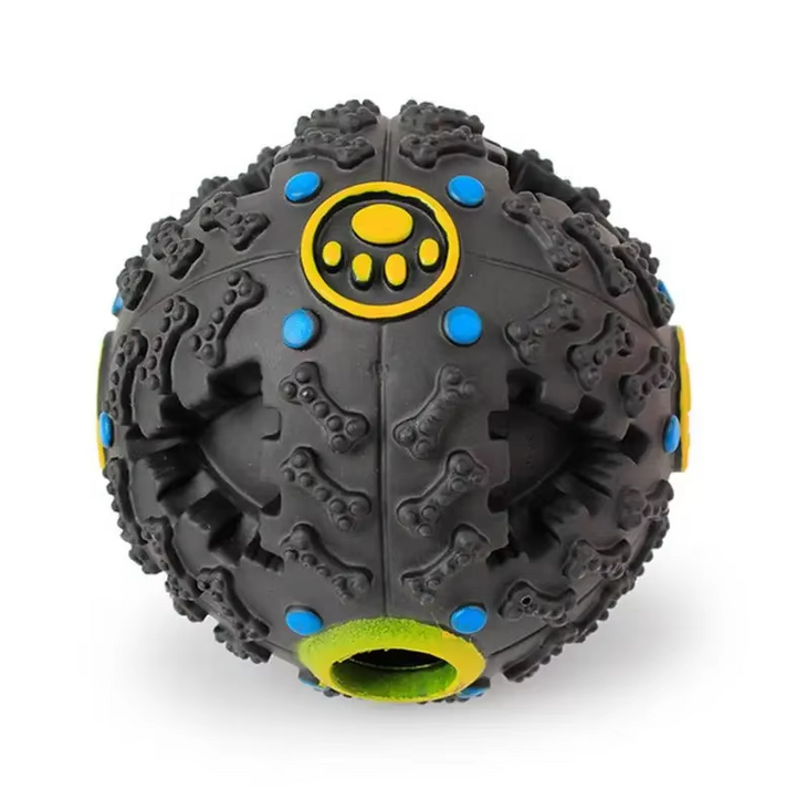 "Interactive squeaky ball with treat function for dogs, shown in various vibrant colors and sizes, durable pet toy."