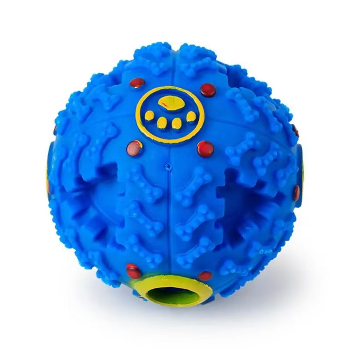 "Interactive squeaky ball with treat function for dogs, shown in various vibrant colors and sizes, durable pet toy."