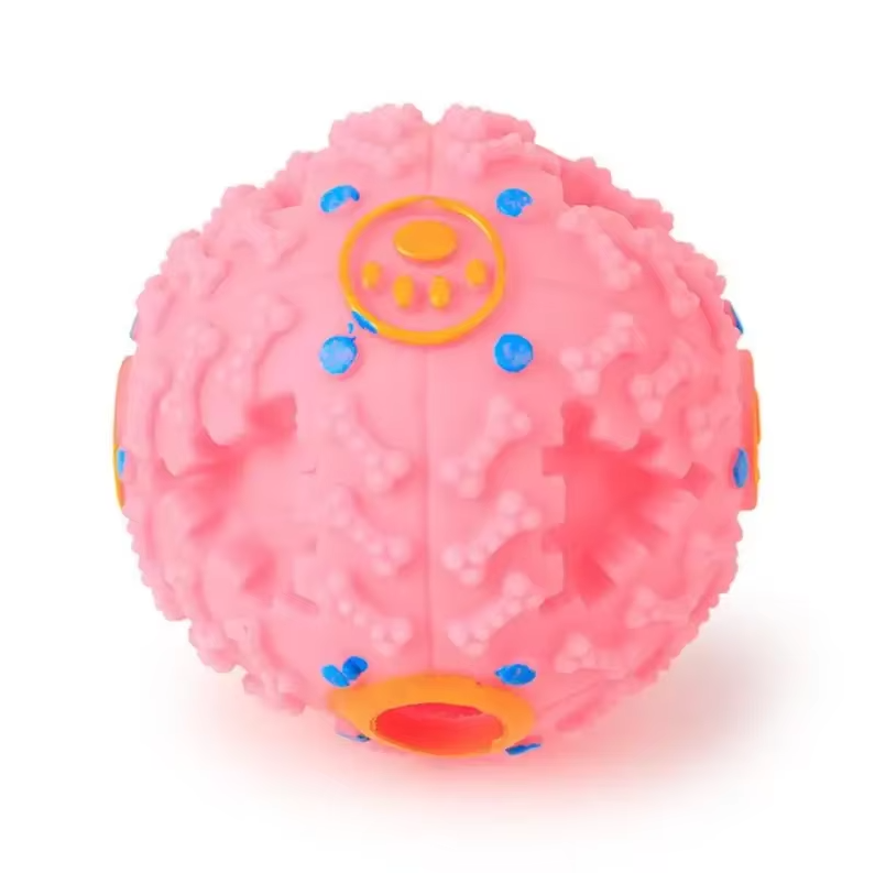 "Interactive squeaky ball with treat function for dogs, shown in various vibrant colors and sizes, durable pet toy."