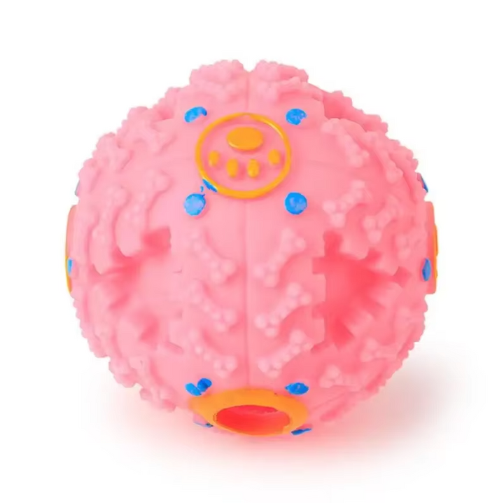 "Interactive squeaky ball with treat function for dogs, shown in various vibrant colors and sizes, durable pet toy."