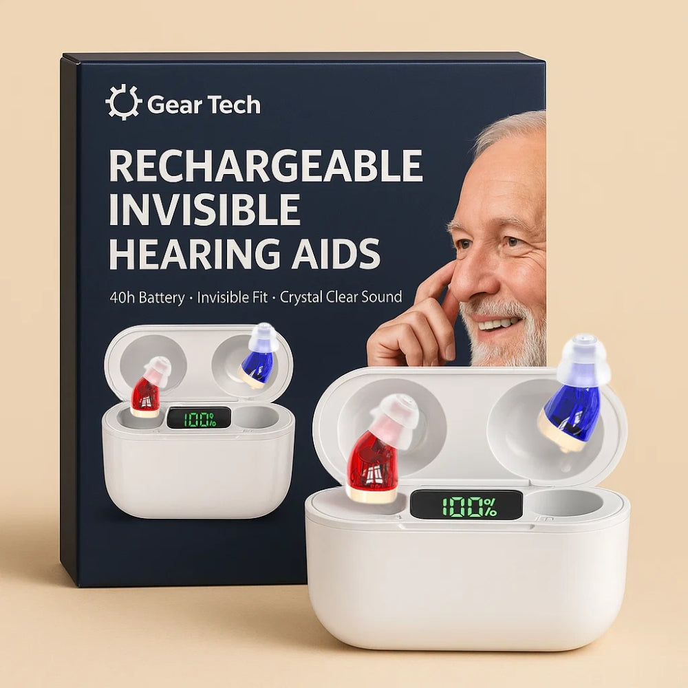 "Invisible in-ear rechargeable hearing aids for clear sound, shown discreetly placed in the ear, offering superior audio qual